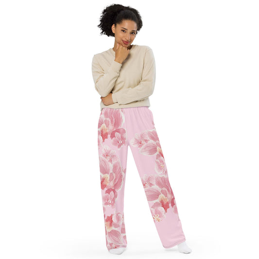 Pressed Pink Floral Print unisex wide-leg pants