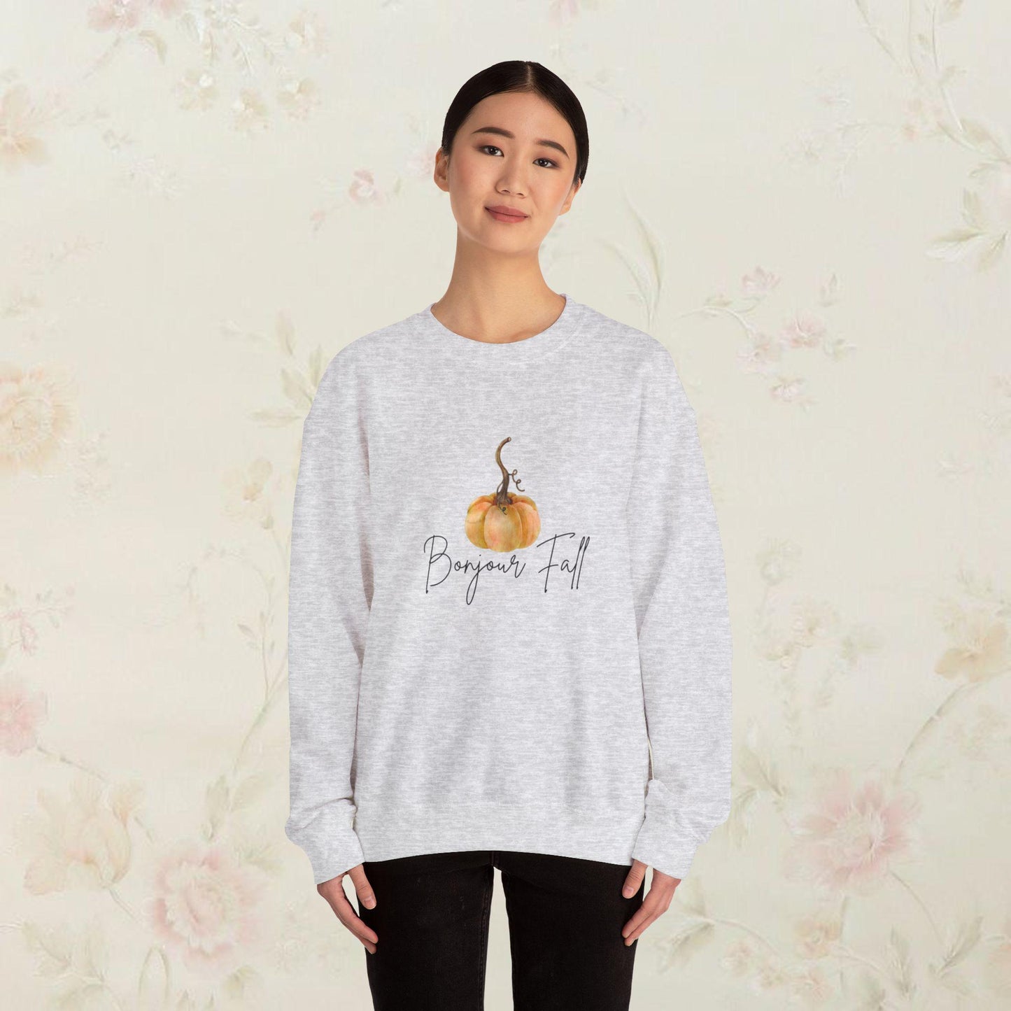 French Bonjour Fall Unisex Sweatshirt, Autumn Crewneck Jumper, Parisian Harvest Pullover, Cozy Pumpkin Sweater, Fall Fashion Top