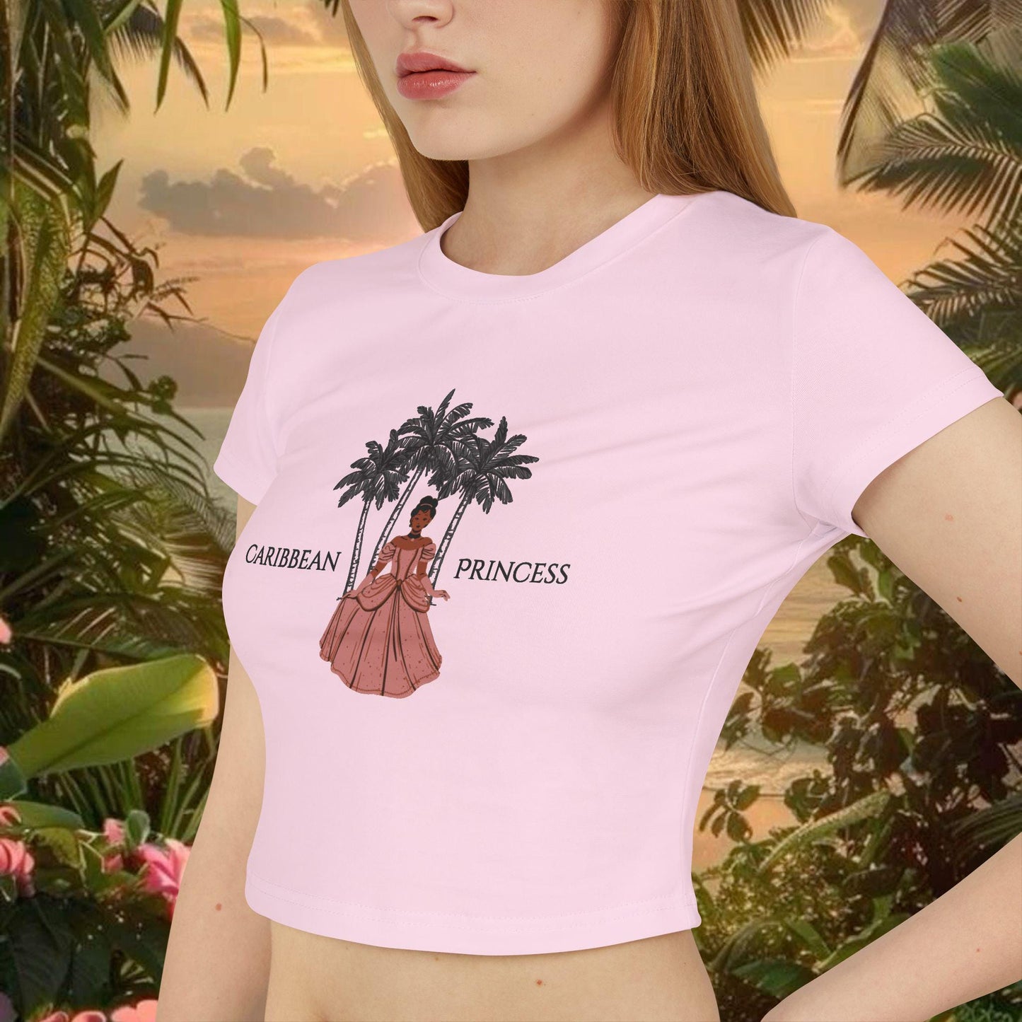 Caribbean Princess Baby Tee | Women's Graphic T-Shirt, West Indian Shirt, Vacation Apparel, Summer Beachwear, Tropical Coquette Clothing