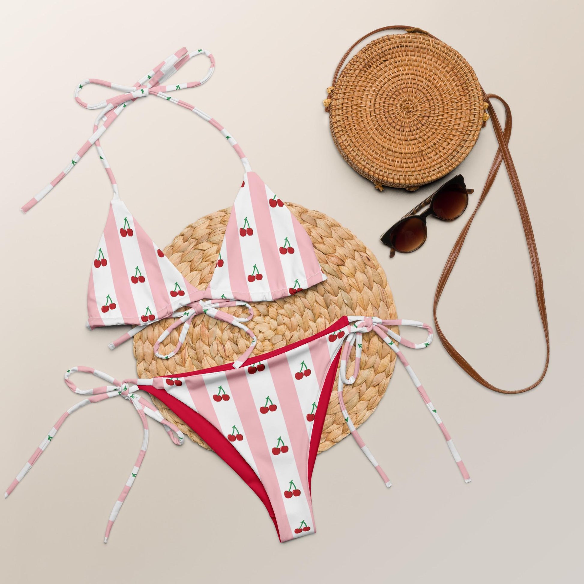 Coquette Red and Pink Cherry All-over print recycled string bikini