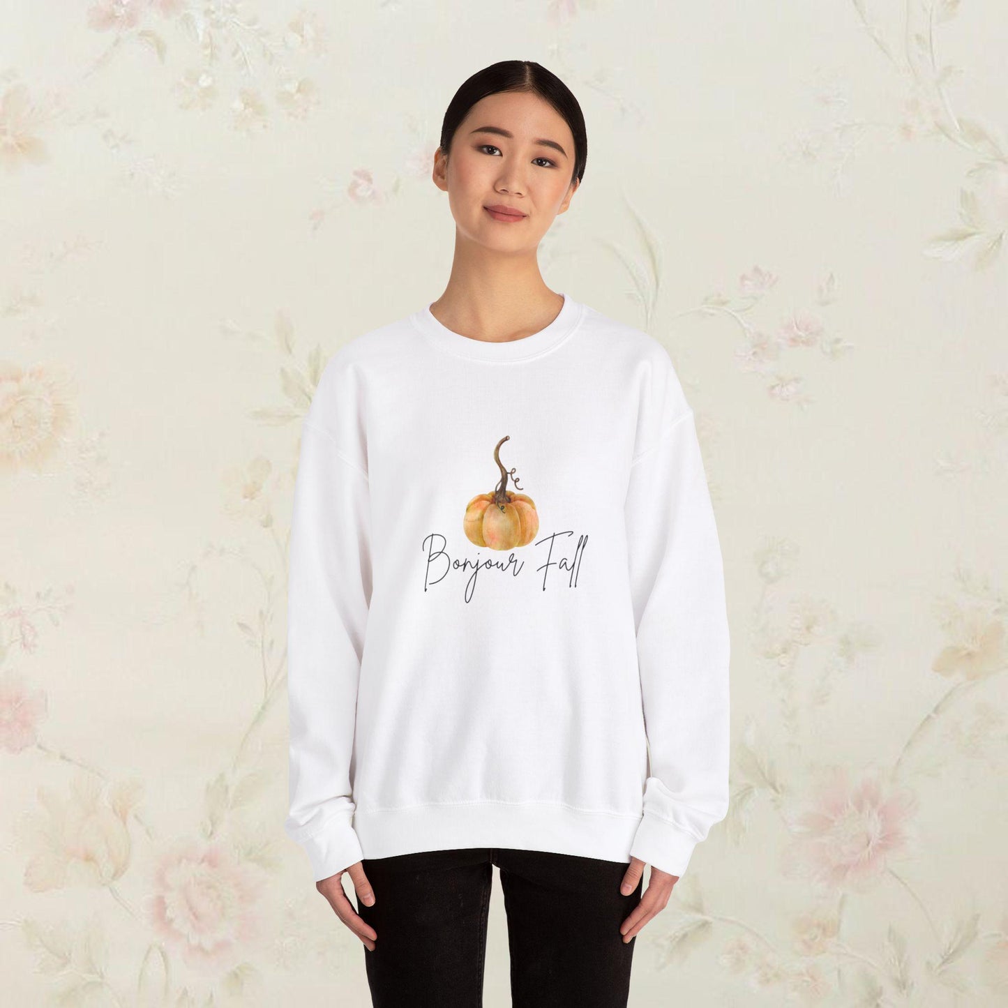 French Bonjour Fall Unisex Sweatshirt, Autumn Crewneck Jumper, Parisian Harvest Pullover, Cozy Pumpkin Sweater, Fall Fashion Top