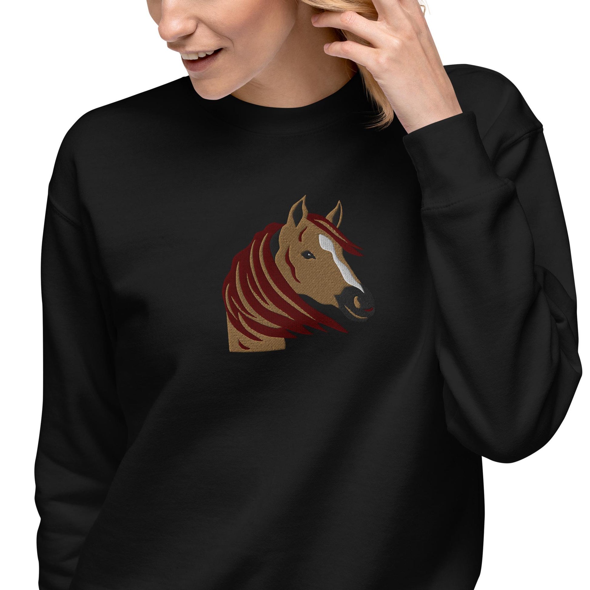 Embroidered Horse Crewneck Premium Sweater, Animal Lover Clothing, Equestrian Jumper, Cozy Sweatshirt, Horse Gift for Her