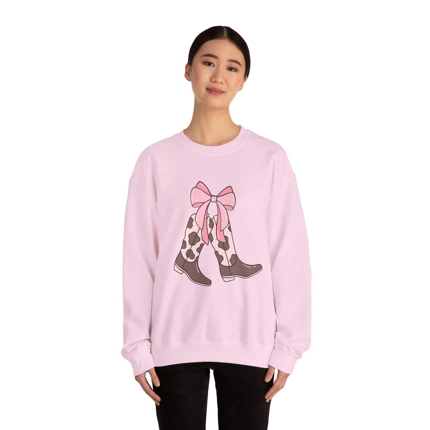 Country Western Pink Bow and Cowboy Boots Crewneck Sweatshirt, Western Style Pullover, Rodeo Sweatshirt, Unisex Western Clothing, Cowboy