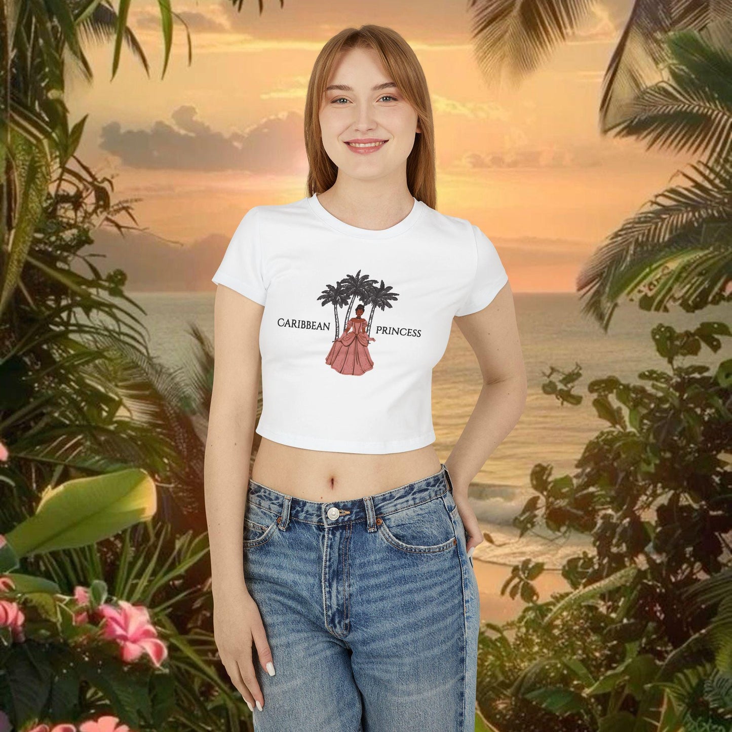 Caribbean Princess Baby Tee | Women's Graphic T-Shirt, West Indian Shirt, Vacation Apparel, Summer Beachwear, Tropical Coquette Clothing