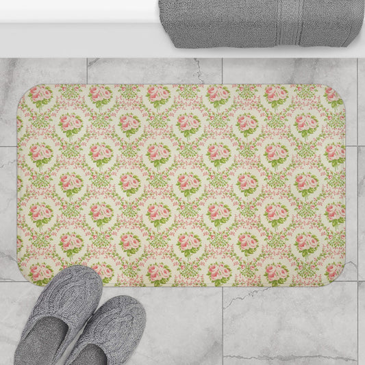 Vintage Floral Bath Mat - Retro Style Home Decor, Shabby Chic Bathroom Rug, Botanical Print Washroom Mat, Flower Patterned Bathmat, Boho