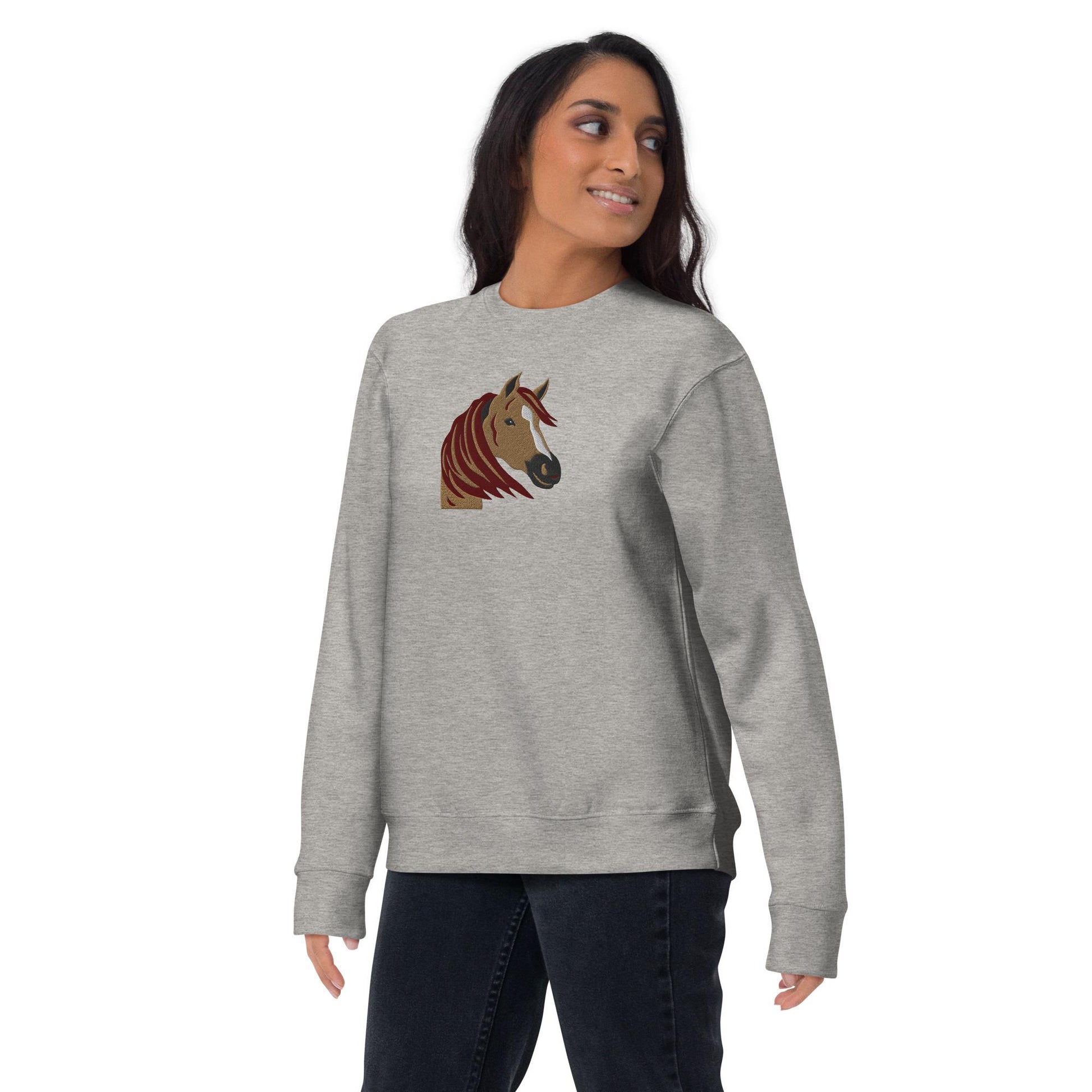 Embroidered Horse Crewneck Premium Sweater, Animal Lover Clothing, Equestrian Jumper, Cozy Sweatshirt, Horse Gift for Her